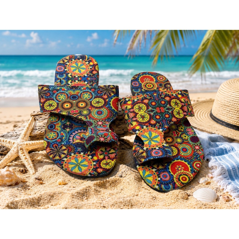 Women's Boho Mandala Print Sandals US 10-10.5 Colorful Flat Open Toe Slip-On